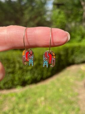 Vintage Laurel Burch Aztec Cat Enamel on Brass Earrings French Wire Hoops